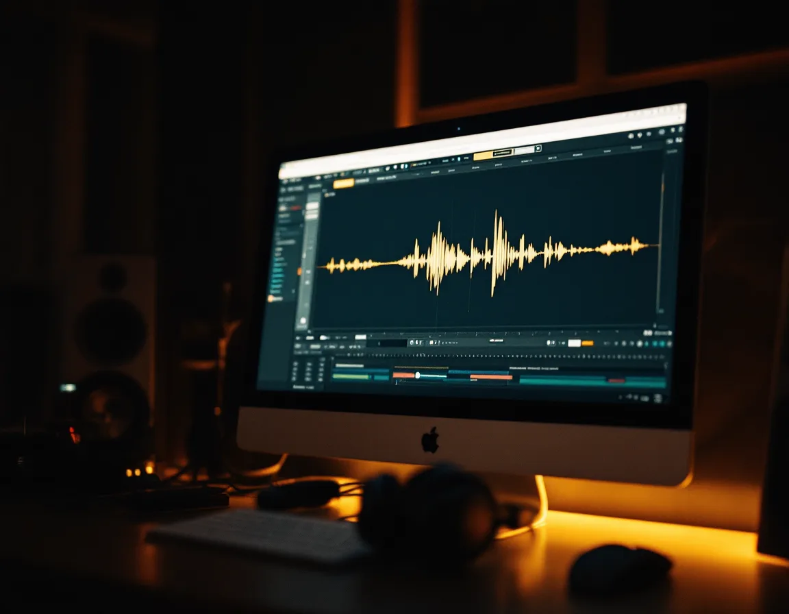 Audio waveform on a screen with headphones resting on the desk in a dim edit suite