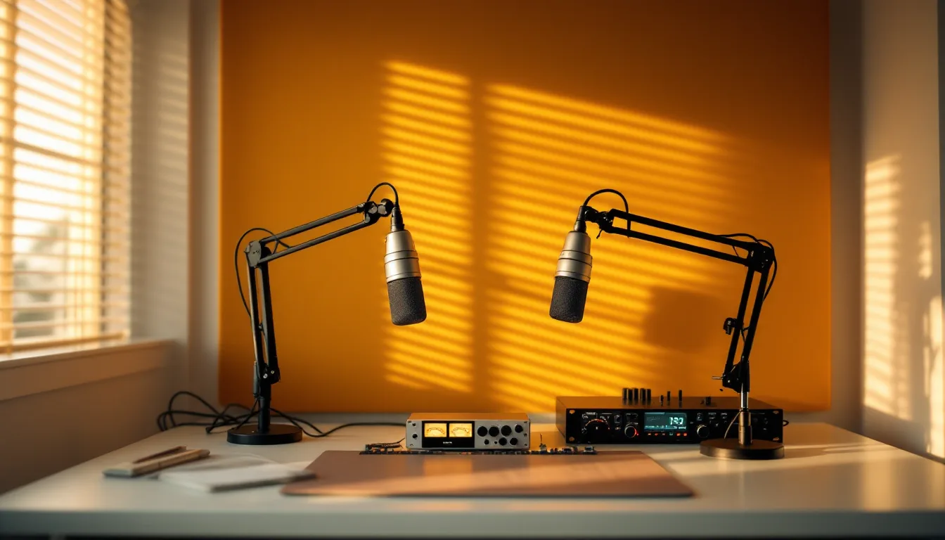 Two dynamic microphones on boom arms at a podcast desk in warm afternoon light